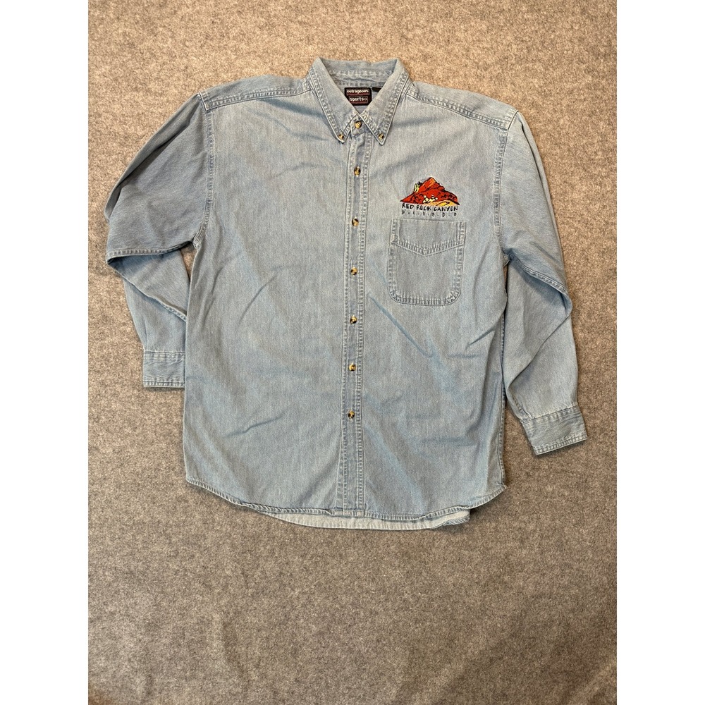Outrageous Sports Red Rock Canyon Shirt Large Blue Denim Embroidered‎ Cotton